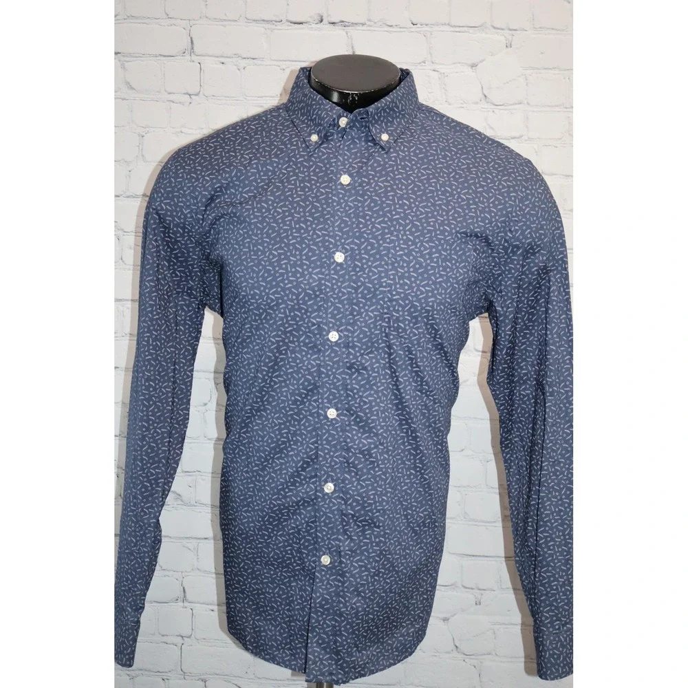 Banana Republic Dress Shirt Mens Large Blue Floral Untucked Fit Organic Cotton